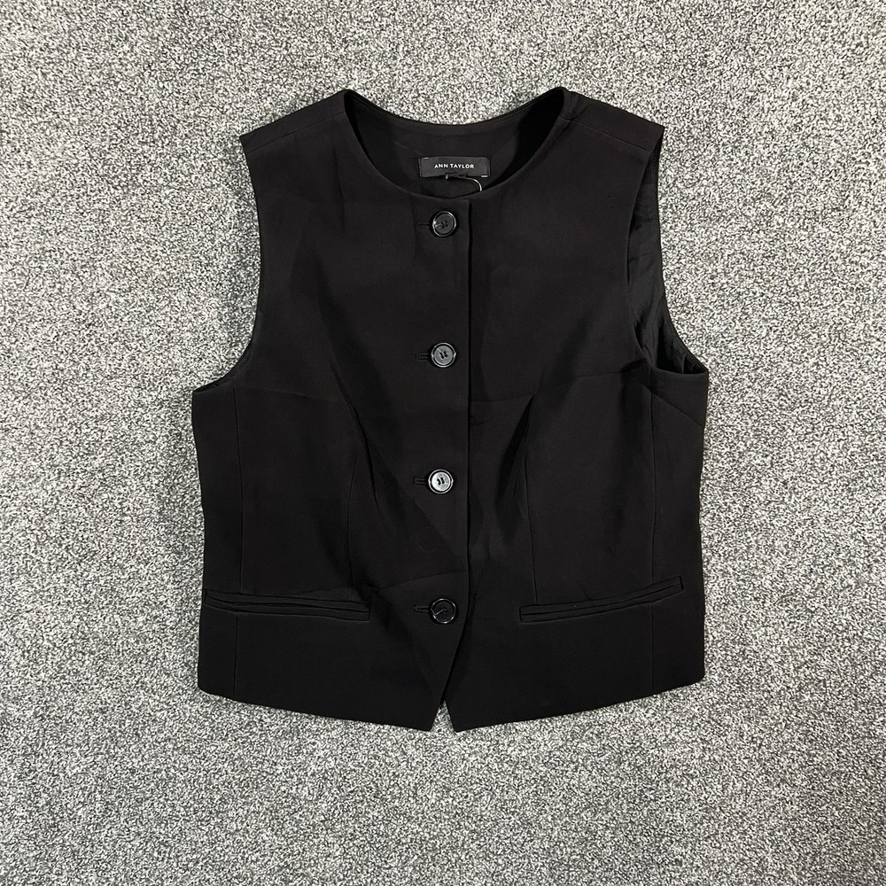 Ann Taylor Womens 2P Black Button Front Suit Vest Career Petite Tuxedo Style